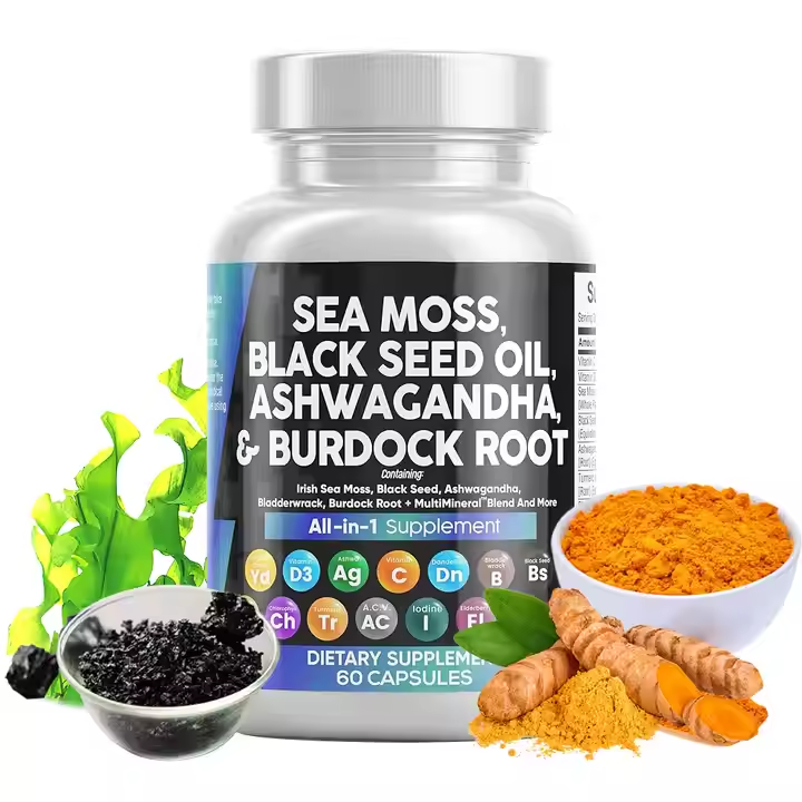 น้ำมันเมล็ดสีดำและ Ashwagandha เสริมแคปซูล Sea Moss
